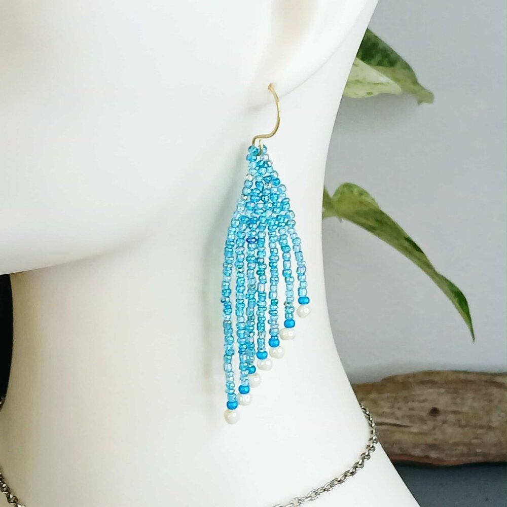 BOGO EARRINGS Blue & White Beaded Fringe Cascade Dangle Earrings, 3.5"